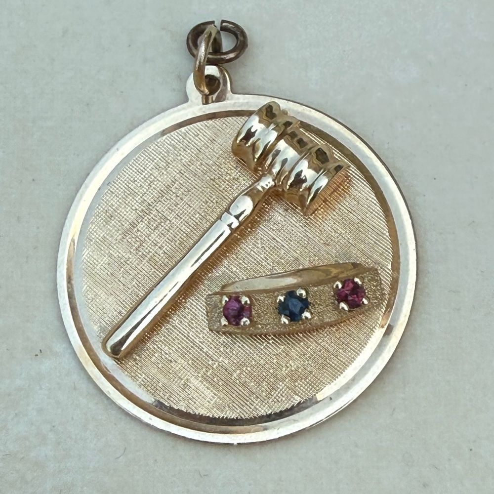 Henry Dankner Gold Gavel Pendant Charm with Ruby & Sapphire Accents